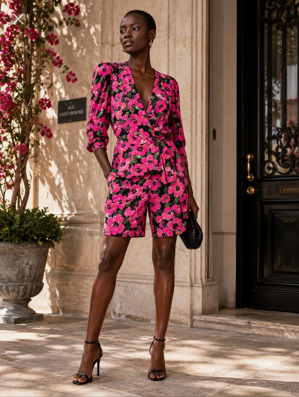 Zara Pink Floral Voluminous Blouse & Bermuda Shorts Set – M